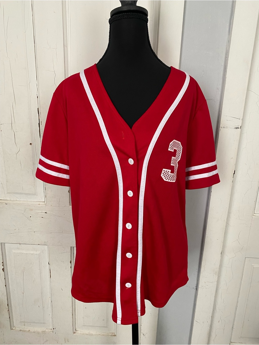 Red Baseball Button-Up Jersey with White Trim